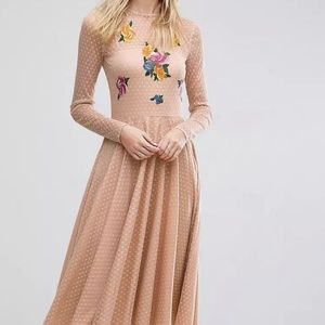 NWT ASOS TALL Dobby Floral Embroidered Midi Skater Dress Color: Nude US Size 8